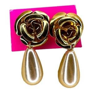 Vintage Gold Rose Faux Pearl Earrings Post Backing Retro Pinup Glam